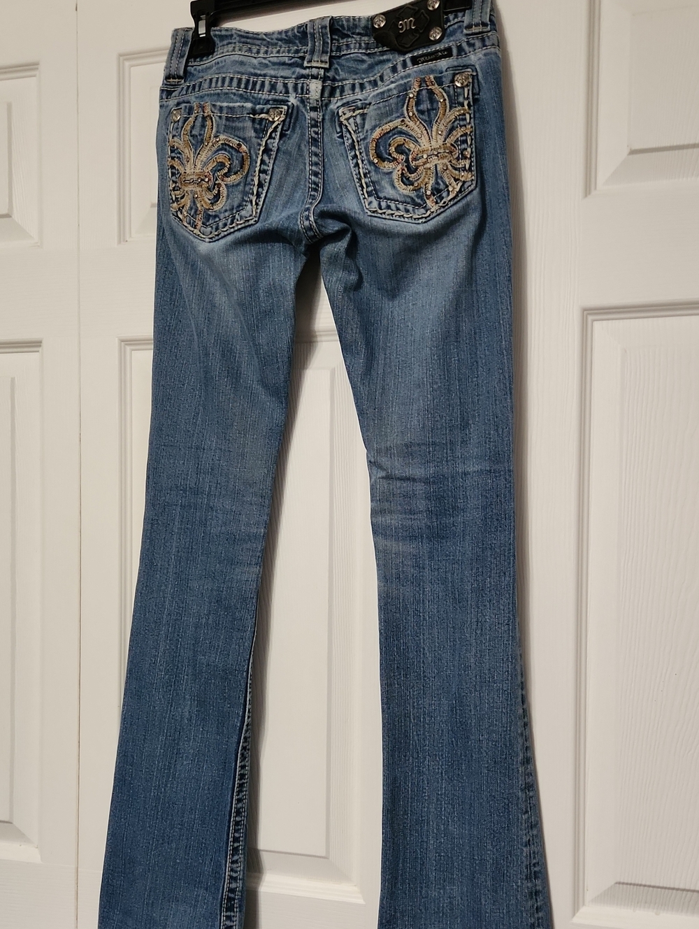 Miss Me Medium Blue Flare Jeans with Embroidered Fleur-de-Lis Pockets